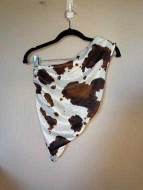 NWOT SHEIN White and Brown Cow Print Asymmetric One-Shoulder Top